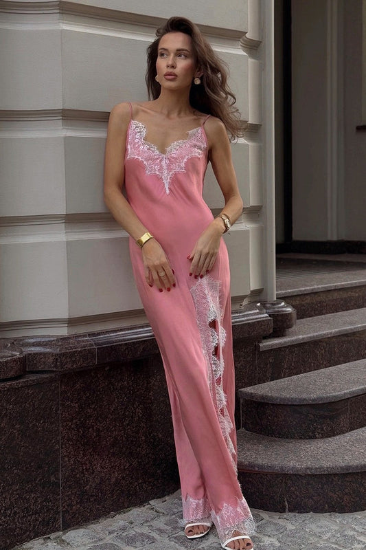 Satin Spaghetti Strap Split Lace Dress