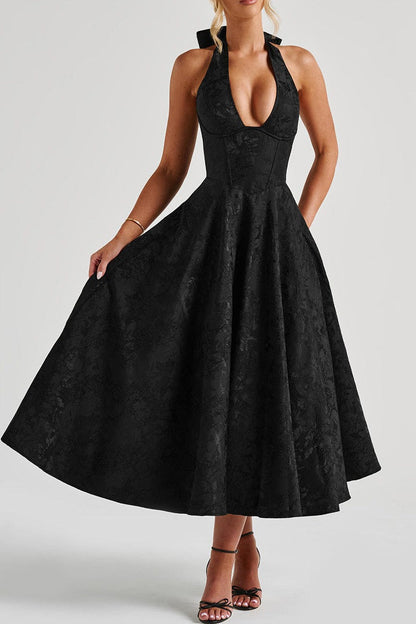 Elegant V Neck Halter Jacquard Sleeveless Backless Formal Dress