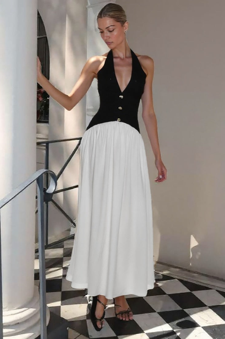 Color-Block Button Detail Party Dress