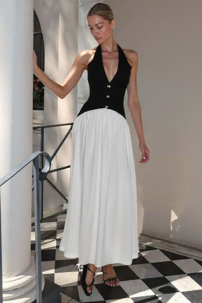 Color-Block Button Detail Party Dress