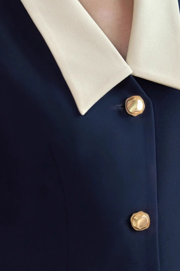 Sleeveless Contrast Collar Work Dress