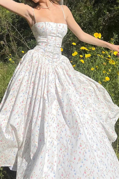 Pleated Spaghetti Strap Floral Dress