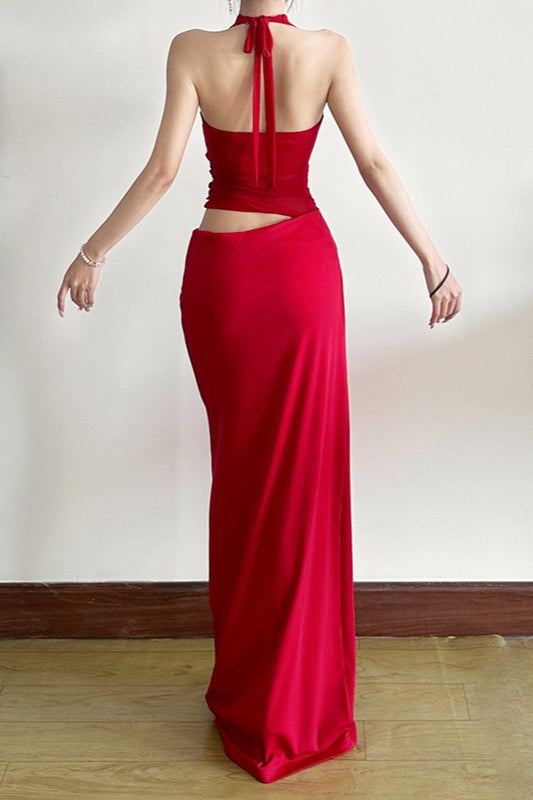 Sheer V-Neck Halter Party Dress