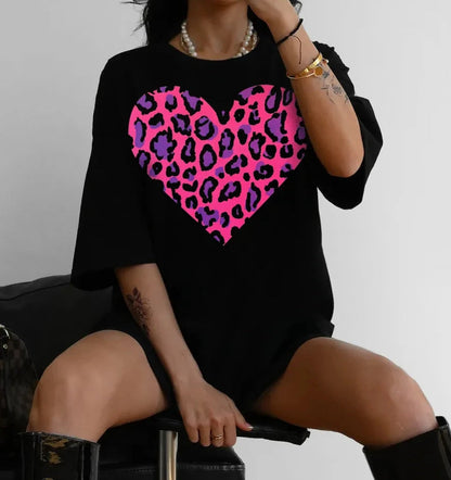 Leopard Heart Print Cotton T-shirt