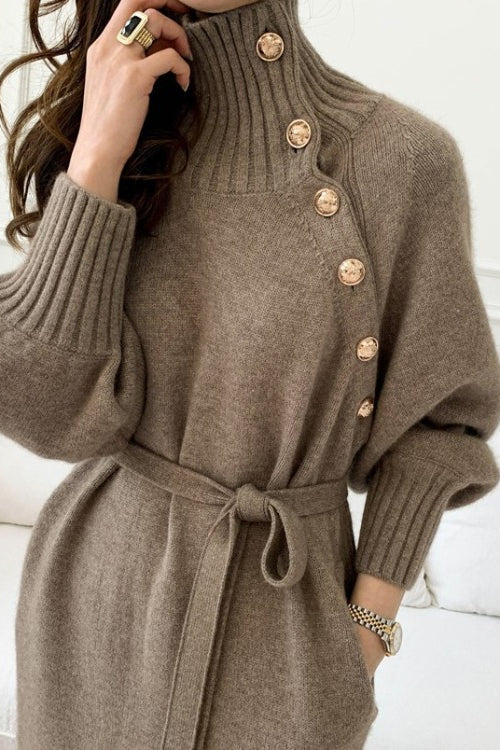 Tie Waist Knit Turtleneck Long Sweater Dress