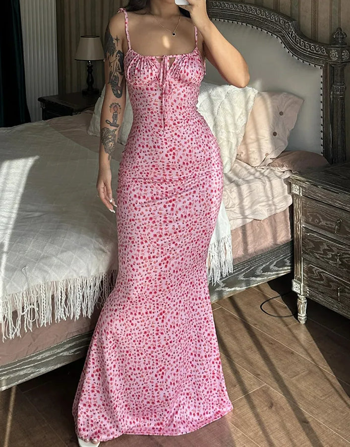 Sleeveless Lace Up Backless Floral Dress