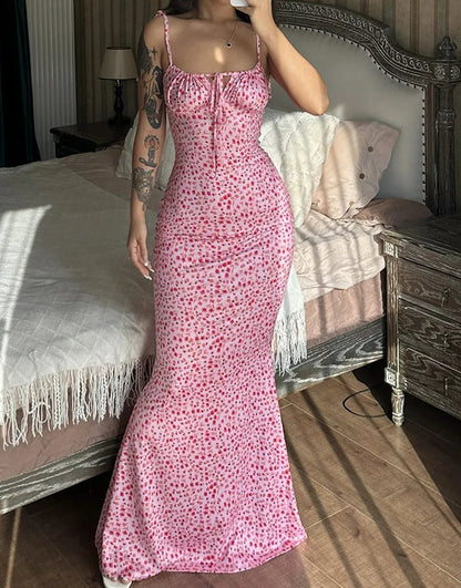 Sleeveless Lace Up Backless Floral Dress