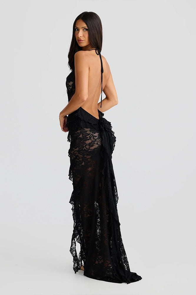 Backless Lace Halter Maxi Dress