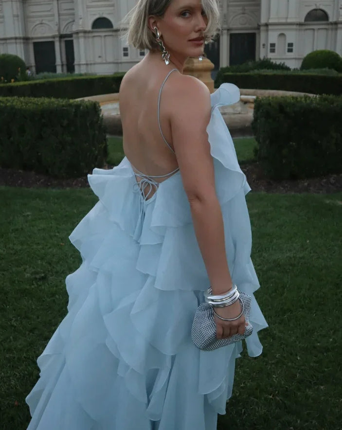 Cascading Ruffles Halter Midi Dress