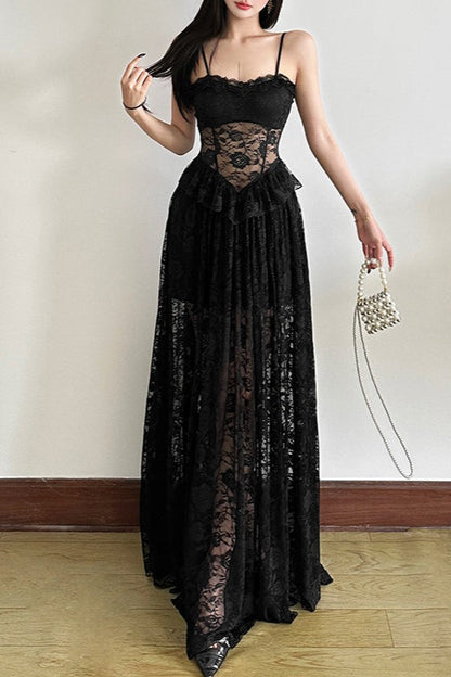 Sleeveless Ruffled Waist Maxi Lace Dress