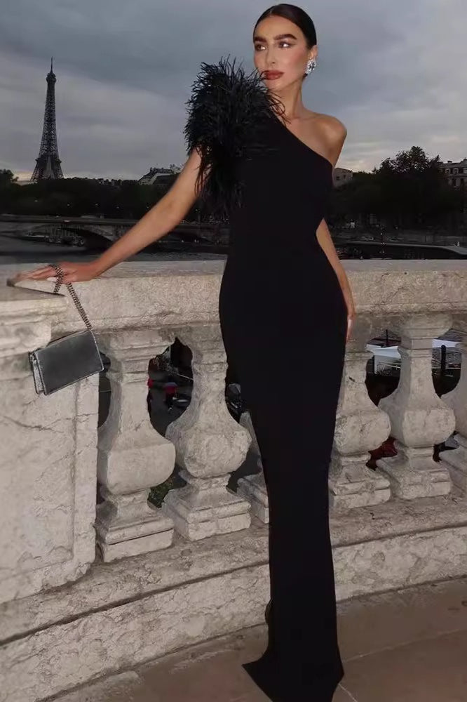 One-Shoulder Feather Trim Party Dress