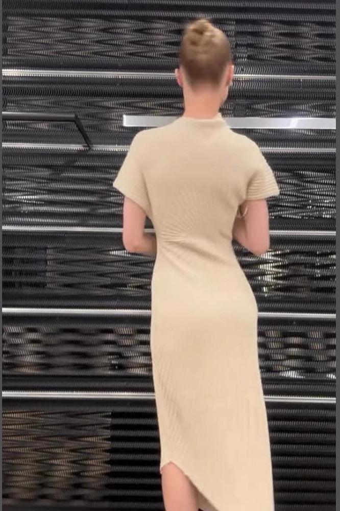 Solid Ribbed Pleated Slit Slim Sexy Elegant Sweater Dress