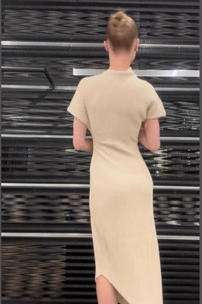 Solid Ribbed Pleated Slit Slim Sexy Elegant Sweater Dress