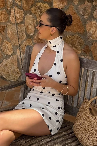 Polka Dot V-Neck Halter High-Waist A-Line Mini Dress