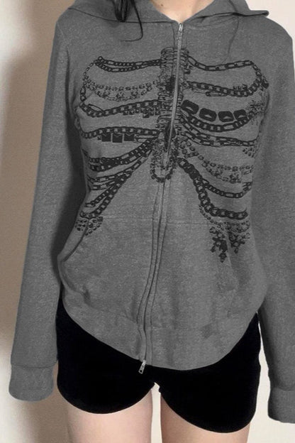 Street Style Skeleton Print Zipper Hoodie