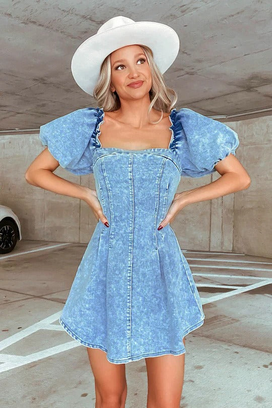 Fitted Short Sleeve Denim Dress
