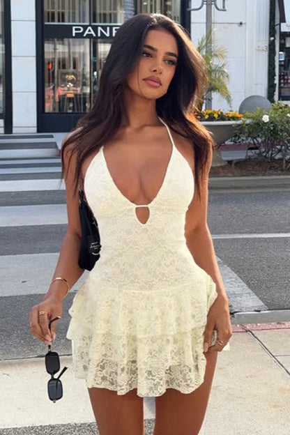 V Neck Halter Bodycon Mini Lace Dress