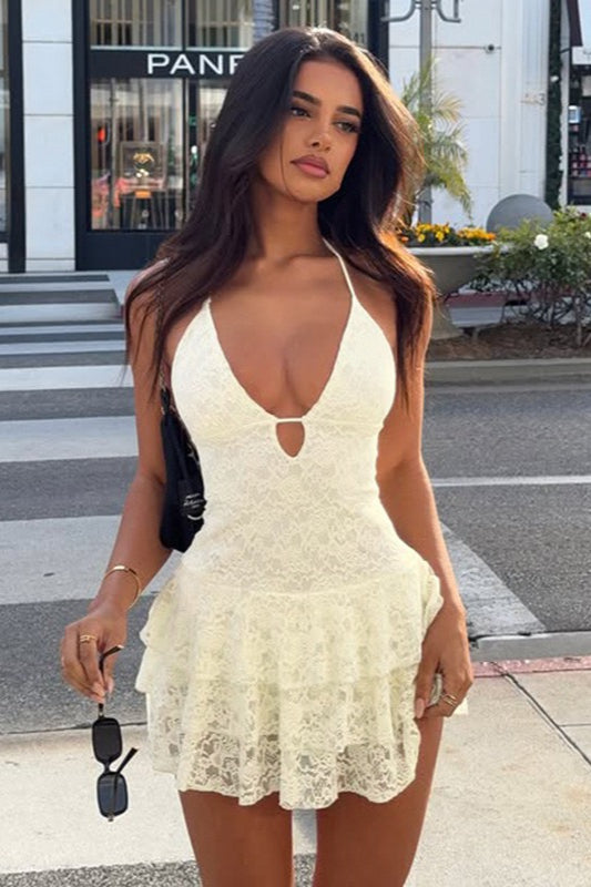 V Neck Halter Bodycon Mini Lace Dress