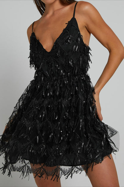 Elegant V Neck Sequin Spaghetti Strap Mini Formal Sequin Dress