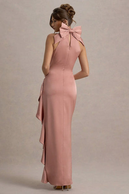 High-Neck Lace Slit Party Dress