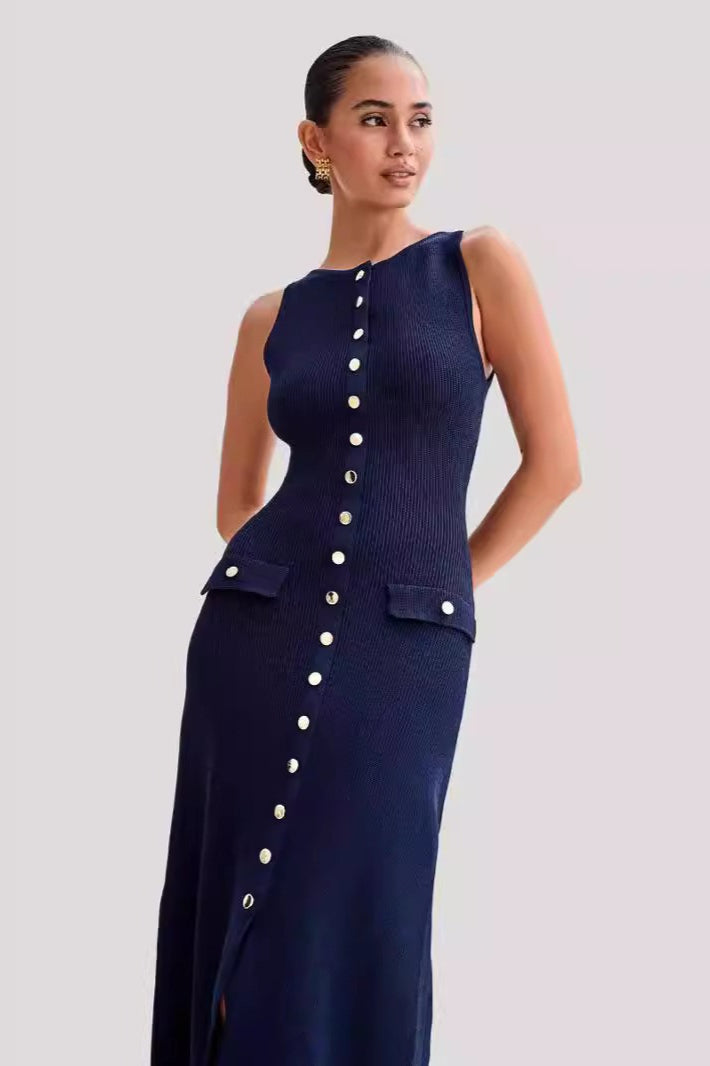 Buttoned Crewneck Sleeveless Knit Bodycon Maxi Sweater Dress