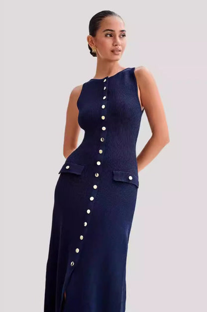 Buttoned Crewneck Sleeveless Knit Bodycon Maxi Sweater Dress