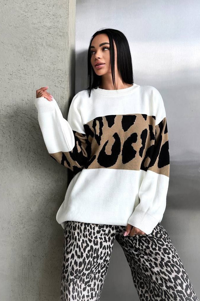 Colorblock Leopard Knit Sweater