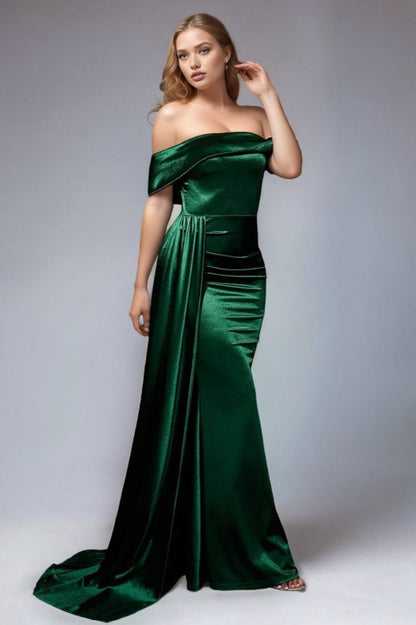 Solid Satin Off-Shoulder High-Waist Mermaid Silk Dress