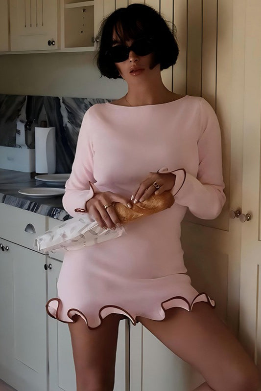 Cuffed Sleeve Solid Knit Mini Sweater Dress