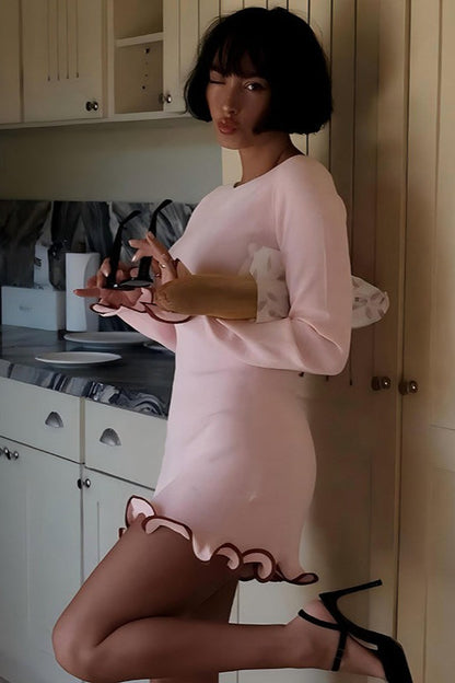 Cuffed Sleeve Solid Knit Mini Sweater Dress