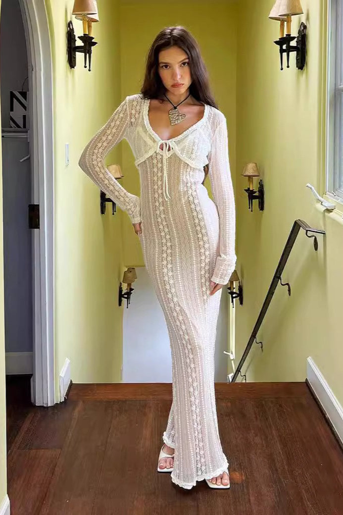 Sexy V Neck Long Sleeve Split Lace Dress