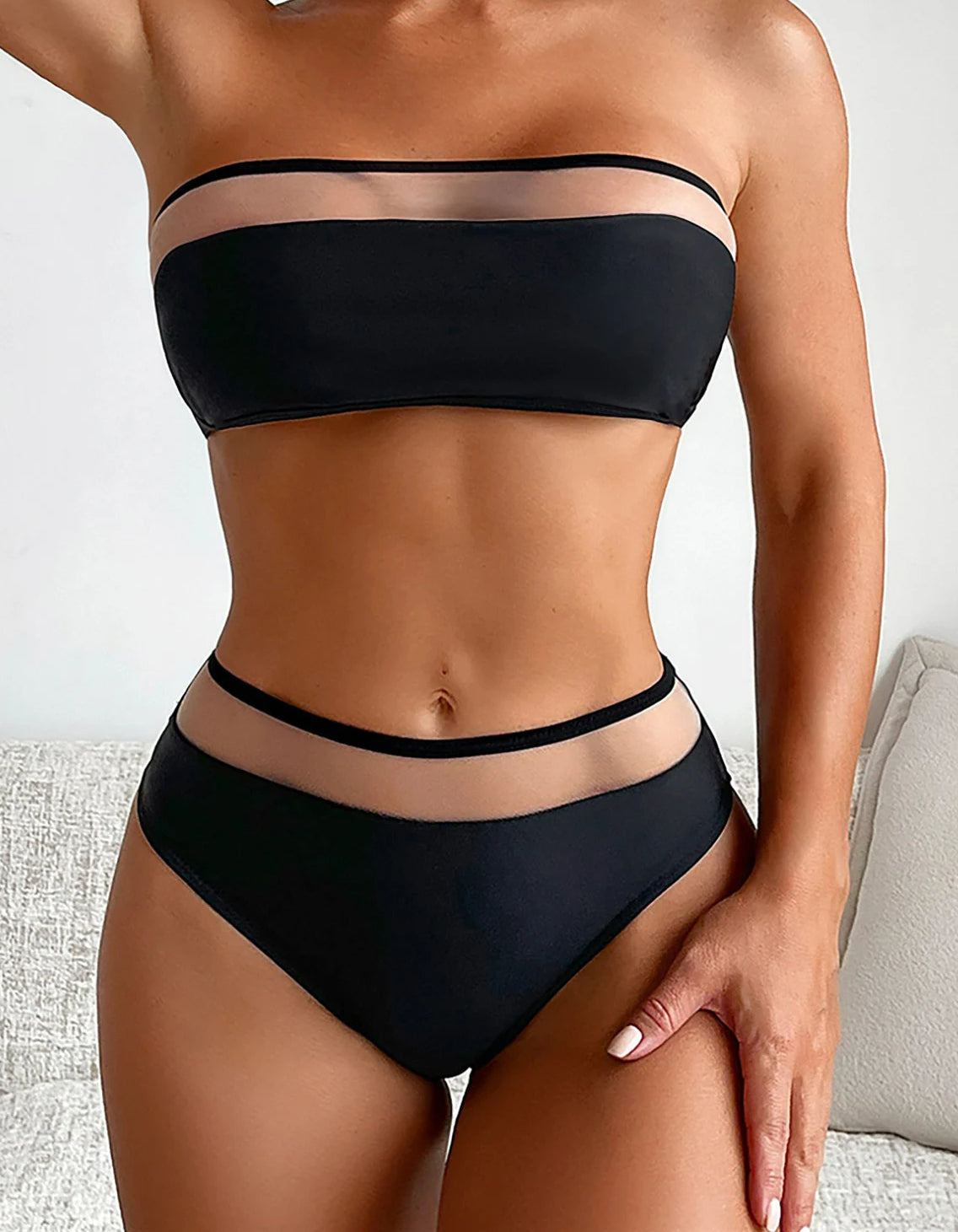 Bandeau Mesh Sheer Mid Waist Two Piece Swim Sets