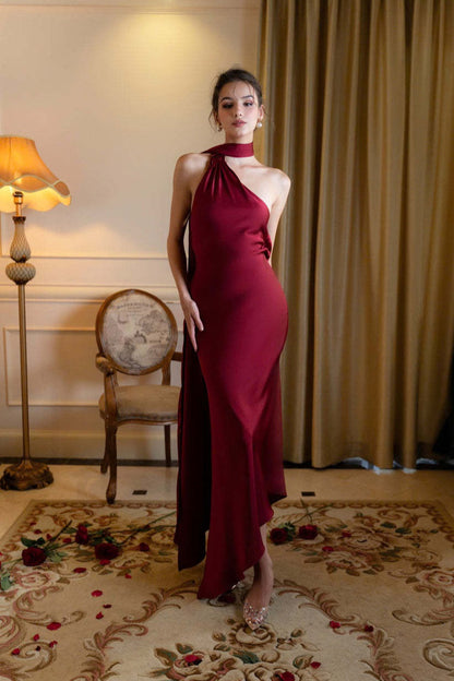 Satin Halter Low-Back Party Dress