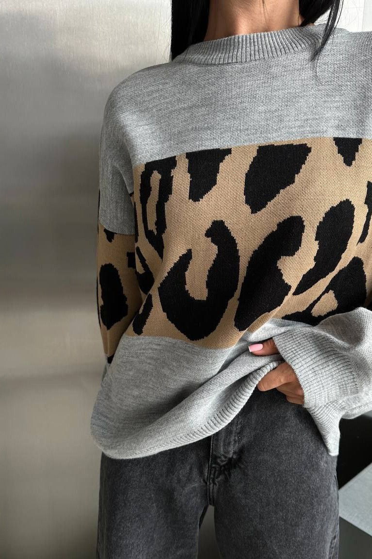 Colorblock Leopard Knit Sweater