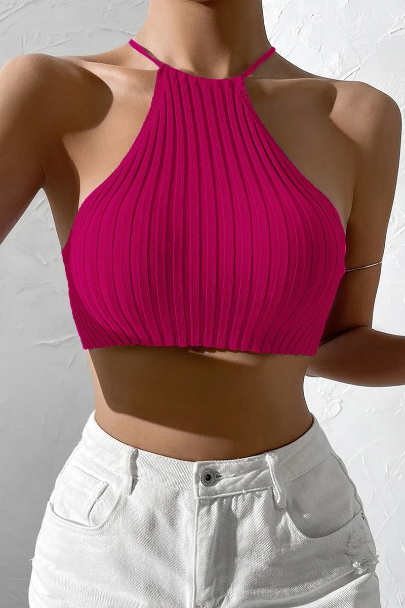 Knit Tie Backless Halter Crop Top