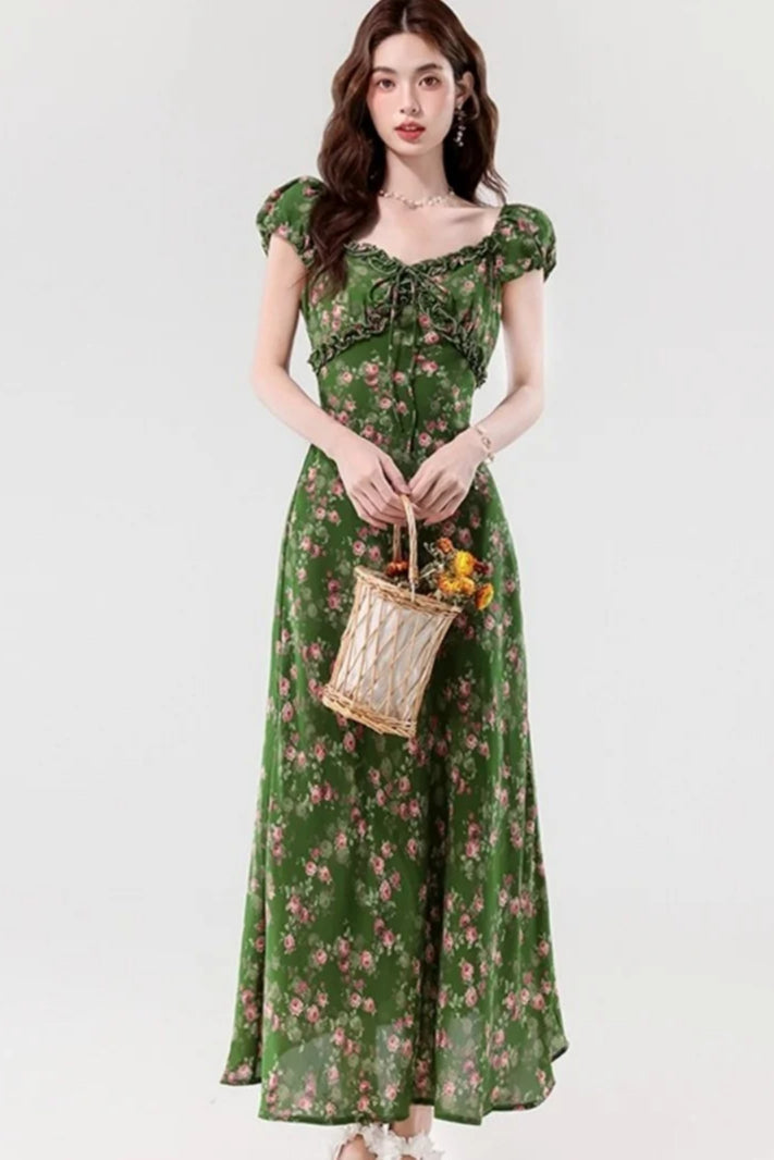 Retro Slim Green V-Neck Floral Dress