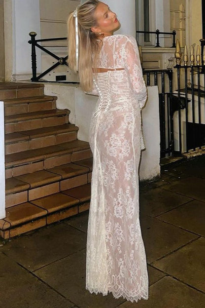 Elegant Lace Mesh Long Sleeve Lace Dress
