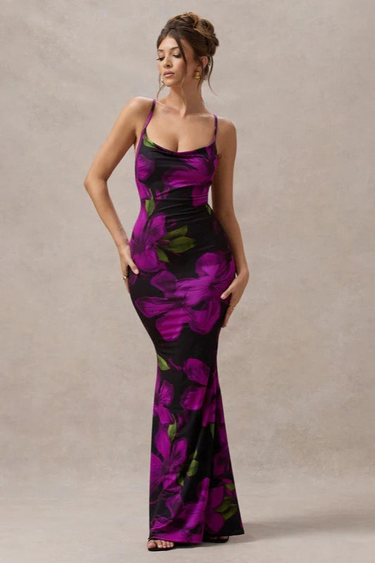 Floral Cross-Strap Maxi Party Dress