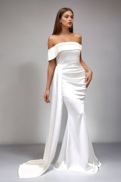 Solid Satin Off-Shoulder Strapless High Waist Formal Dress