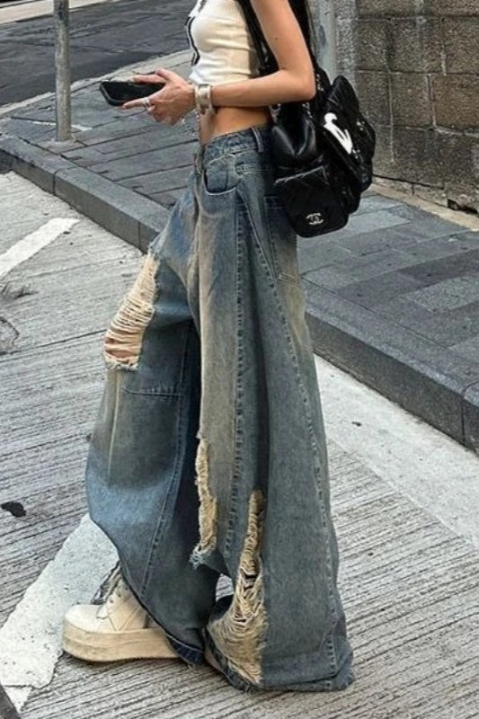 Ripped Wide-Leg Floor Jeans