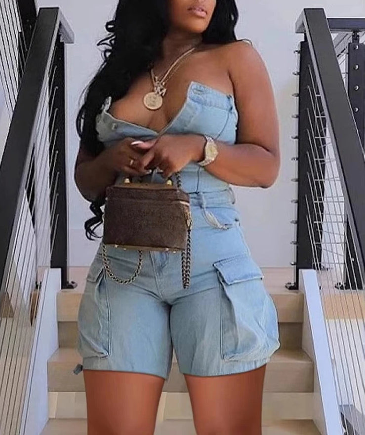 Strapless Pocket Side Cargo Denim Romper