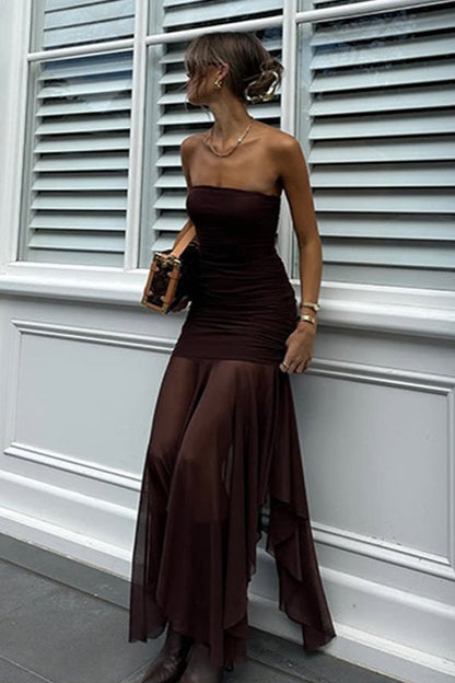 Sheer Mesh Ruched Strapless Party Dress