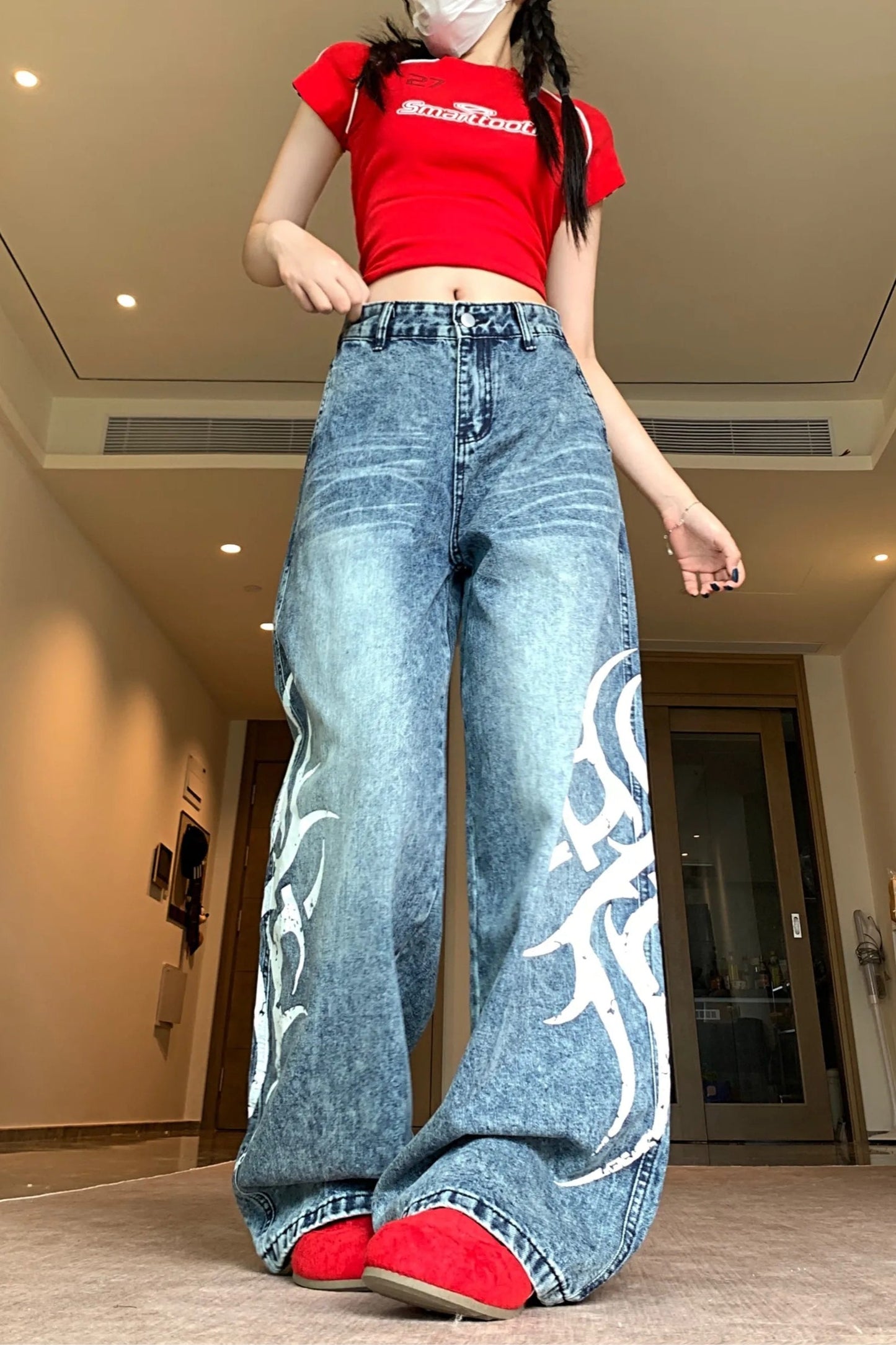 Blade Print Distressed Straight Leg Jeans