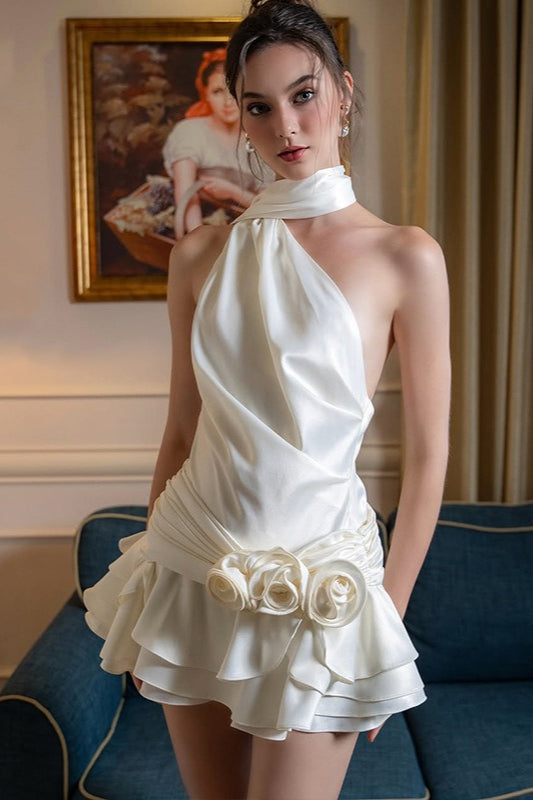 Satin Bardot Low-Back Party Dress