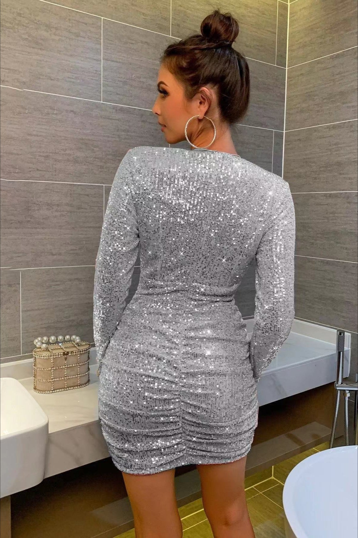 Long Sleeve V-Neck Ruched Sequin Sexy Sequin Dress