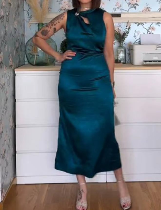 Gold Inlaid Silk Texture Midi Dress