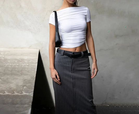 Slash Neck Folds Bodycon Crop Top