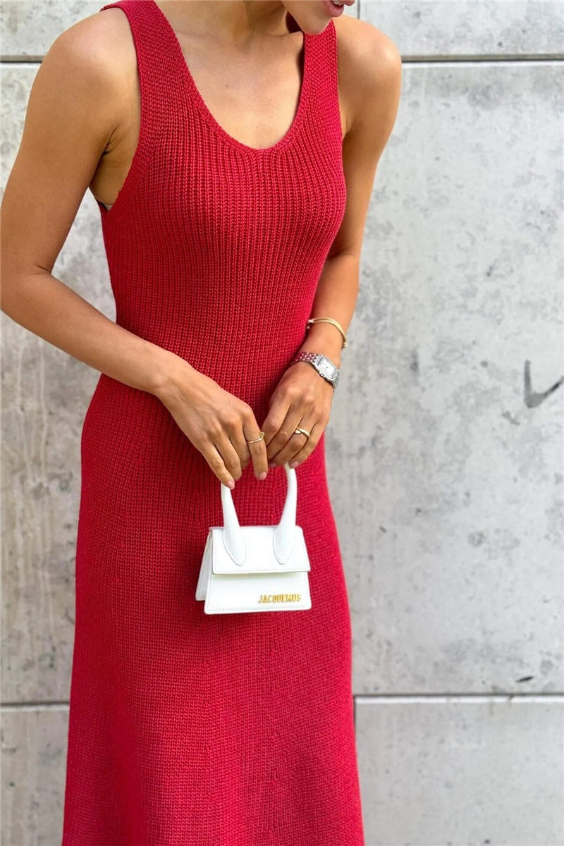 Solid Color Street Style Sleeveless Maxi Knit Elegant Summer Sweater Dress