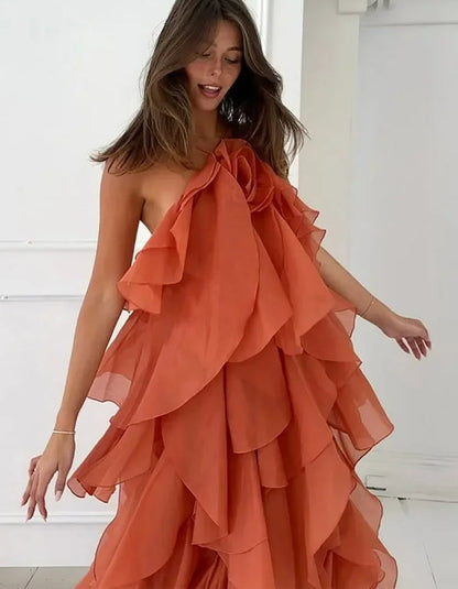 Cascading Ruffles Halter Midi Dress