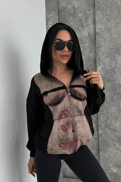 Graphic Print Zipper Hoodie